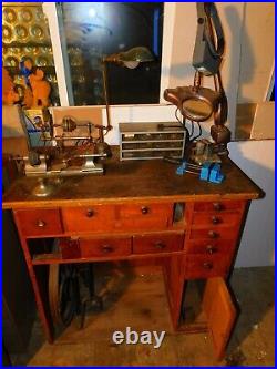 American Lathe Company ANTIQUE Watchmakers Bench Tools Lathe Lights Vise Stool